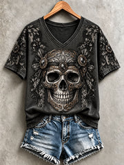Women's Halloween Skull Print V-Neck T-Shirts