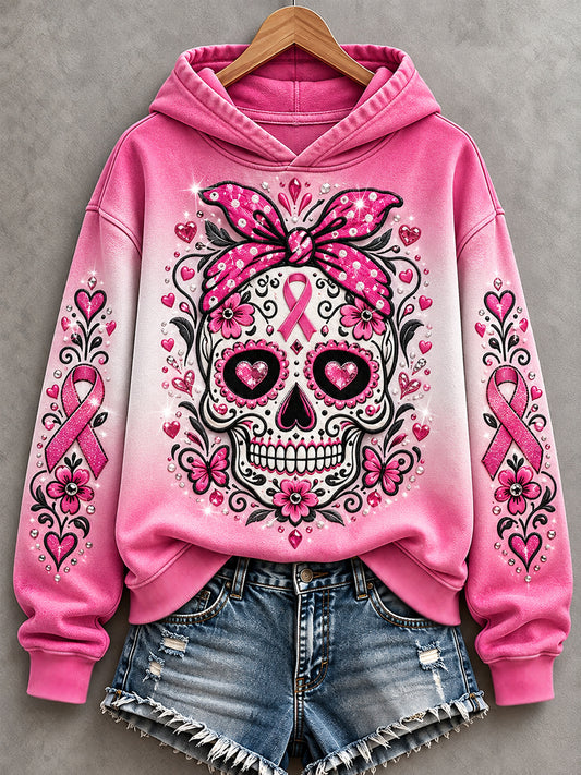 Women's Pink Ribbon Skull Print Breast Cancer Awareness Support Hoodie