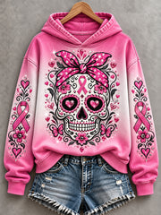 Women's Pink Ribbon Skull Print Breast Cancer Awareness Support Hoodie