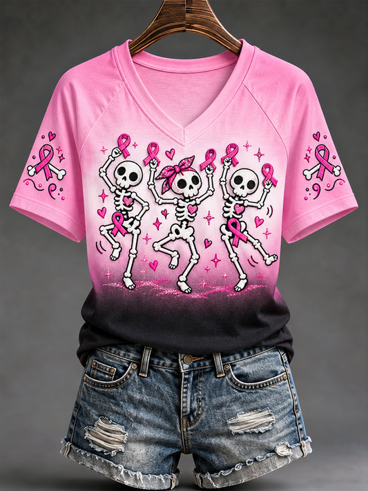 Women's Pink Ribbon Skeletons Print Breast Cancer Awareness Support V-Neck Tee