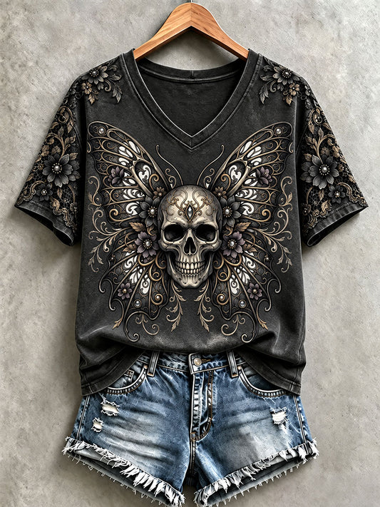 Women's Halloween Skull Print V-Neck T-Shirts