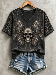 Women's Halloween Skull Print V-Neck T-Shirts