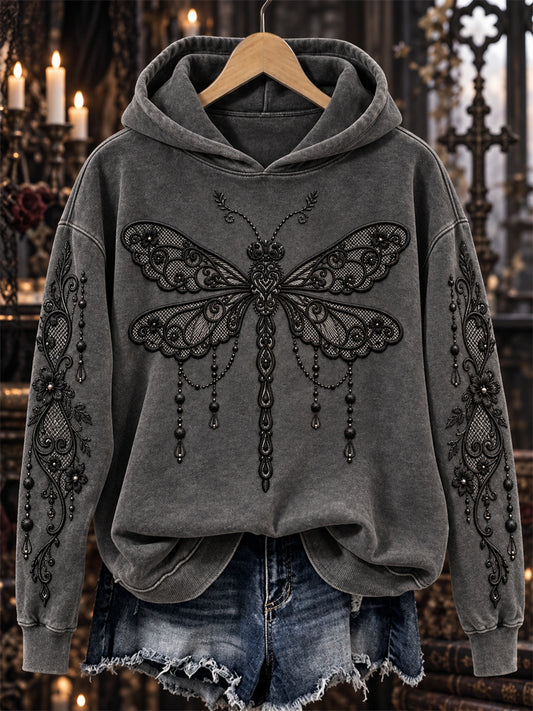 Women's Halloween Gothic Dragonfly Floral Lace Art Print Hoodie