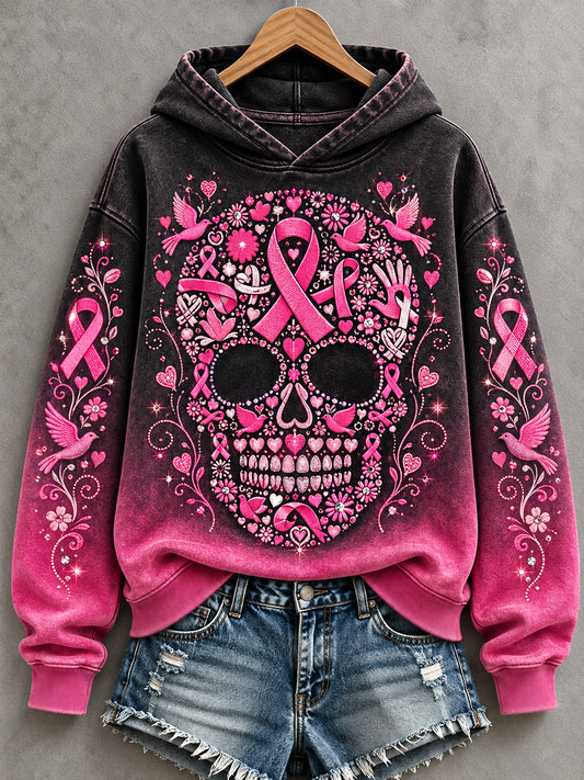 Women's Pink Ribbon Skull Print Breast Cancer Awareness Support Hoodie