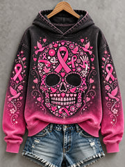 Women's Pink Ribbon Skull Print Breast Cancer Awareness Support Hoodie
