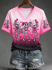Women's Pink Ribbon Skeletons Print Breast Cancer Awareness Support V-Neck Tee