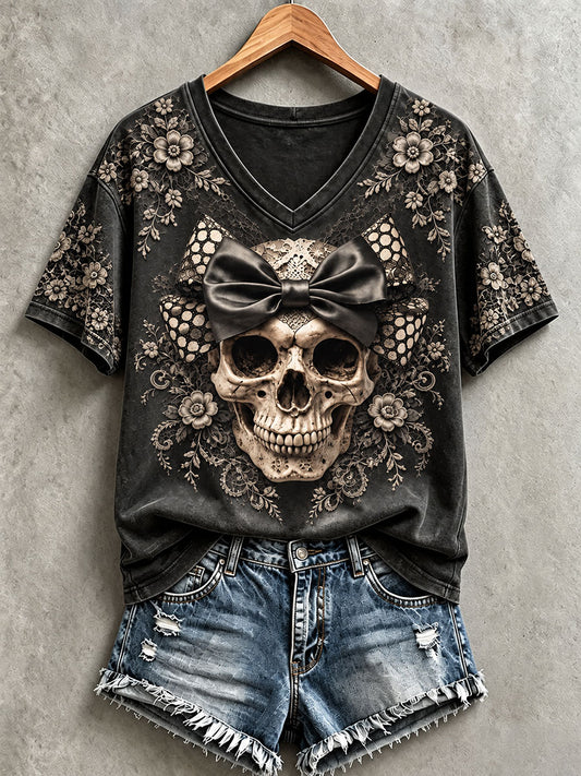 Women's Halloween Skull Print V-Neck T-Shirts