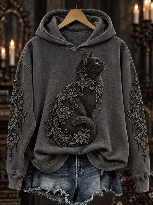 Women's Halloween Gothic Black Cat Floral Lace Art Print Hoodie