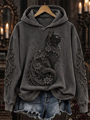 Women's Halloween Gothic Black Cat Floral Lace Art Print Hoodie
