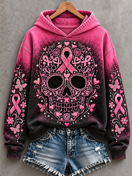 Women's Pink Ribbon Skull Print Breast Cancer Awareness Support Hoodie