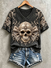 Women's Halloween Skull Print V-Neck T-Shirts