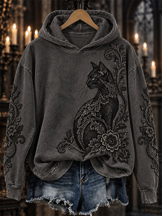 Women's Halloween Gothic Black Cat Floral Lace Art Print Hoodie