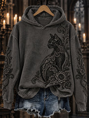 Women's Halloween Gothic Black Cat Floral Lace Art Print Hoodie