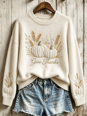 Women's Vintage Classy Give Thanks Pumpkins Floral Print crew neck sweater