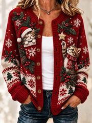 Women's Christmas Cute Cat  Art Print Casual Cardigan