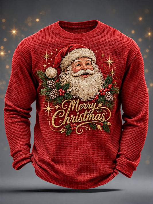 Men's Christmas Santa Claus Print Casual Waffle Long Sleeve T-Shirt