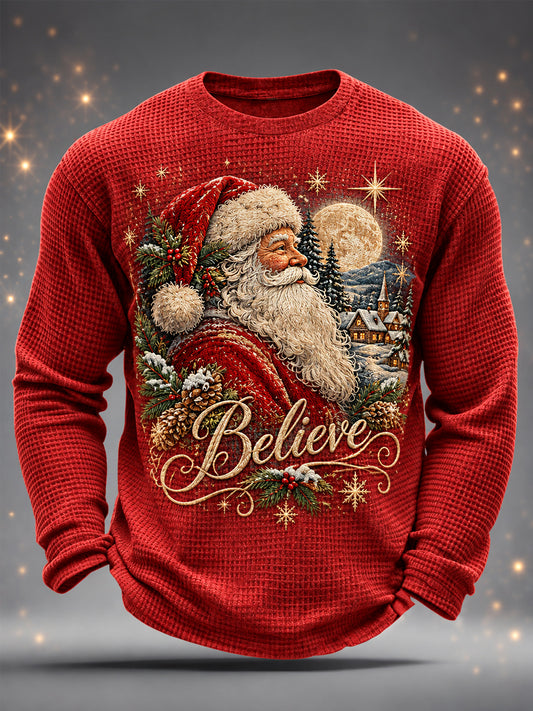 Men's Christmas Santa Claus Print Casual Waffle Long Sleeve T-Shirt