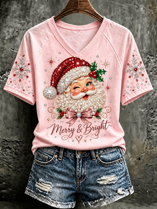 Women's Christmas V-neck Off-shoulder Short-sleeved T-shirt