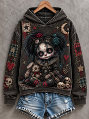 Women's Halloween Creepy Dolls Patchwork Print Casual Off-Shoulder Sweatshirt
