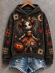Women's Halloween Creepy Dolls Patchwork Print Casual Off-Shoulder Sweatshirt
