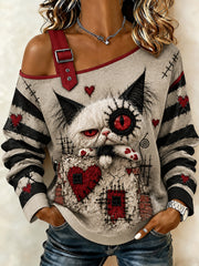 Women's Halloween Creepy Doll Cat Print  Casual Off-Shoulder Sweatshirt