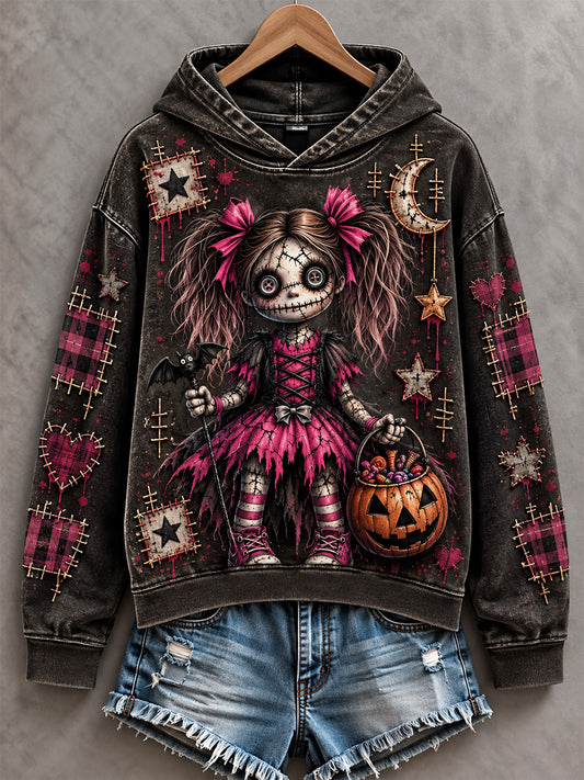 Women's Halloween Creepy Dolls Patchwork Print Casual Off-Shoulder Sweatshirt