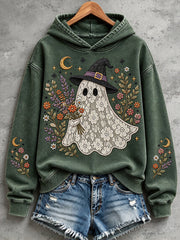 Women's Vintage Floral Lace Ghost Print Cozy Hoodie