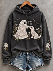 Women's Floral Lace Ghost and Dog Boop Print Cozy Hoodie