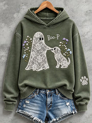 Women's Floral Lace Ghost and Dog Boop Print Cozy Hoodie
