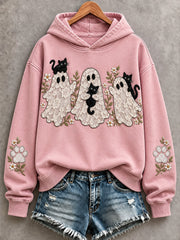 Women's Floral Lace Ghost and Black Cats Print Cozy Hoodie