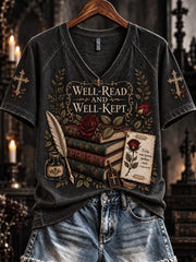 Women's Well Read and Well Kept Christian Print V-neck Short-sleeved T-shirt