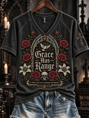 Women's Grace Has Range Gothic Christian Floral Print V-neck Short-sleeved T-shirt