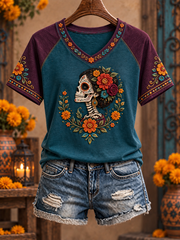Women's Mexico Day of The Dead Floral Art Printed V-neck off-shoulder short-sleeved T-shirt
