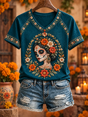 Women's Mexico Day of The Dead Floral Art Printed V-neck off-shoulder short-sleeved T-shirt