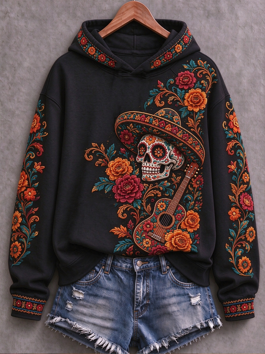 Women's Mexico Day of The Dead Floral Art Printed Regular Sweatshirt