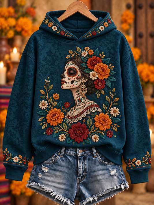 Women's Mexico Day of The Dead Floral Art Printed Regular Sweatshirt
