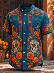 Men's Mexico Day of The Dead Floral Art Printed Shirt