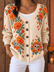 Women's Mexico Day of The Dead Floral Art Printed Cardigan