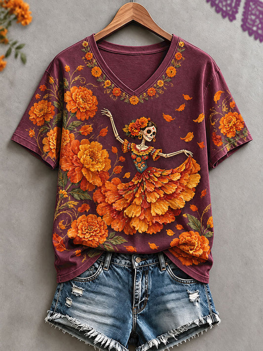 Women's Mexico Day of The Dead Floral Art Printed T-shirt