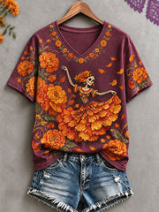 Women's Mexico Day of The Dead Floral Art Printed T-shirt