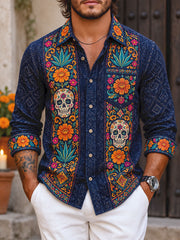 Men's Mexico Day of The Dead Floral Art Printed Waffle Shirt