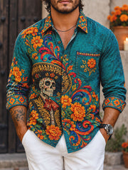 Men's Mexico Day of The Dead Floral Art Printed Waffle Shirt
