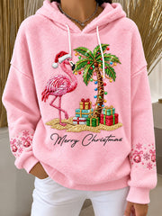 Women's Christmas Flamingo Print Flannel Hoodie