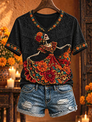 Women's Mexico Day of The Dead Floral Art Printed T-shirt