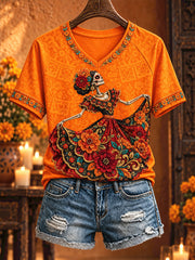 Women's Mexico Day of The Dead Floral Art Printed T-shirt