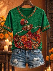 Women's Mexico Day of The Dead Floral Art Printed T-shirt