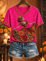 Women's Mexico Day of The Dead Floral Art Printed T-shirt