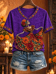 Women's Mexico Day of The Dead Floral Art Printed T-shirt