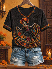 Women's Mexico Day of The Dead Floral Art Printed T-shirt