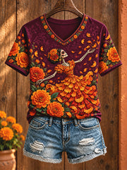 Women's Mexico Day of The Dead Floral Art Printed T-shirt